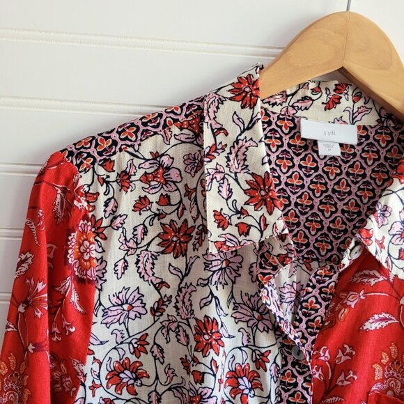 J. Jill Top Womens M Cream and Red Colorblock Print Button Up Cotton Gauzy Sheer - Picture 2 of 11